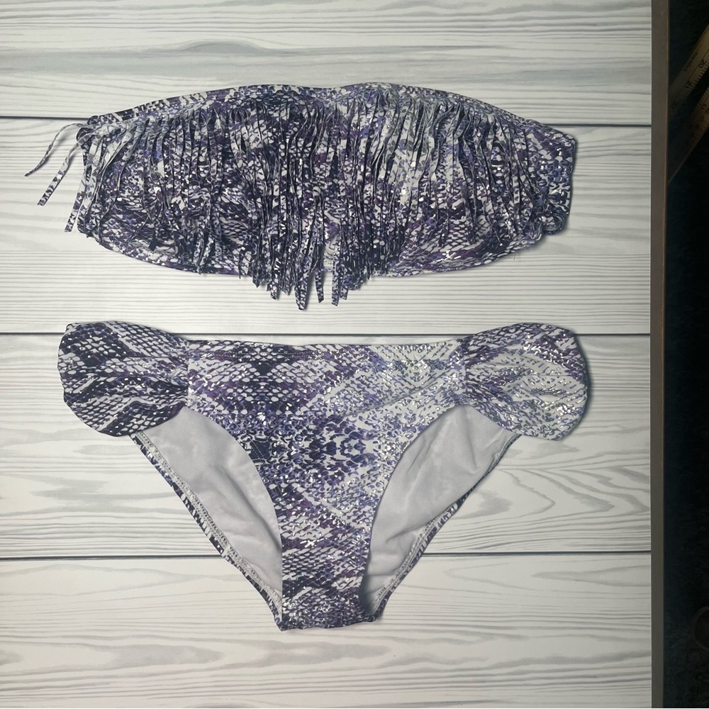 Ninety Six Degrees Metallic Fringe Purple Bandeau 2pc Bikini I Size Large